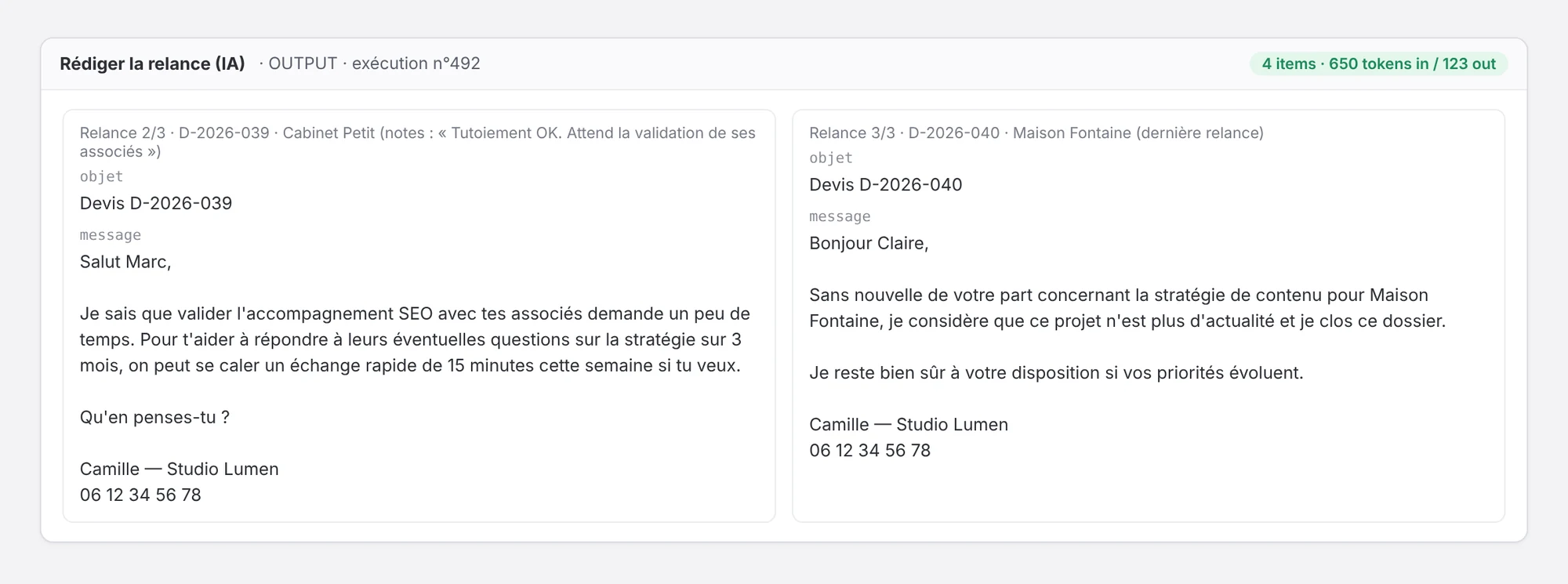 Deux relances rédigées par l'IA : relance n°2 au tutoiement pour Marc qui attend la validation de ses associés, et relance n°3 de clôture pour Claire